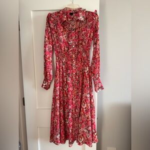 Pinko Rosarno Floral Print Long Sleeve Ruffled Smocked Shirt Dress Size 6